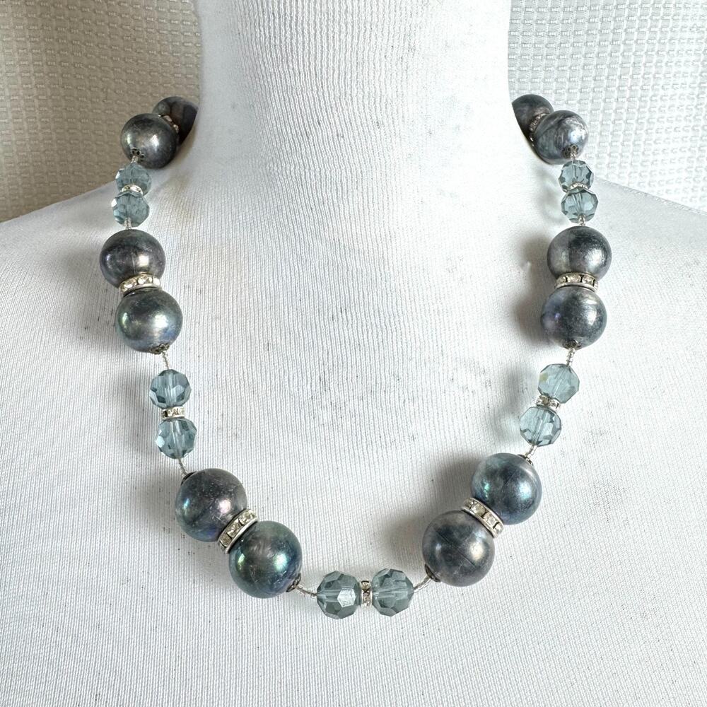 Vintage Rachael L Neve Necklace RLN Beaded Blue Gray Faux Crystal Gemstone